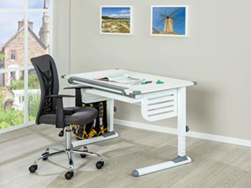 Höhenverstellbarer Schreibtisch mit kippbarer Ablage, in Weißmetall, 110x68x55-78 cm - 6