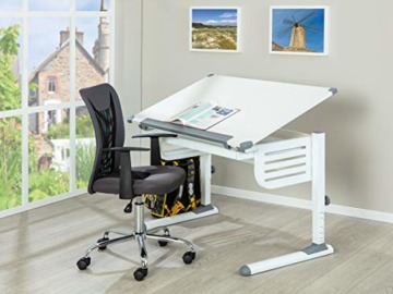Höhenverstellbarer Schreibtisch mit kippbarer Ablage, in Weißmetall, 110x68x55-78 cm - 7