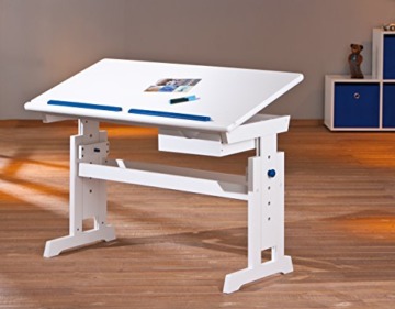 Schreibtisch aus massiver Kiefer, weiß-rosa Ausführung, neigbare Platte und höhenverstellbare Struktur - 8