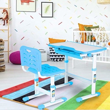 Schreibtisch Kinder, Schülerschreibtisch Kinderschreibtisch mit Stuhl und Schublade für Kinder Schüler, Höhenverstellbar und Einstellbarer Desktop-Winkel von 0~45° (Blau) - 4
