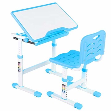 Schreibtisch Kinder, Schülerschreibtisch Kinderschreibtisch mit Stuhl und Schublade für Kinder Schüler, Höhenverstellbar und Einstellbarer Desktop-Winkel von 0~45° (Blau) - 1