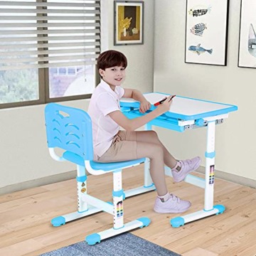 Schreibtisch Kinder, Schülerschreibtisch Kinderschreibtisch mit Stuhl und Schublade für Kinder Schüler, Höhenverstellbar und Einstellbarer Desktop-Winkel von 0~45° (Blau) - 6