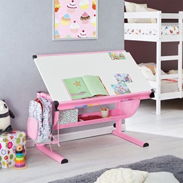 CARO-Möbel Kinderschreibtisch Sari höhenverstellbar in weiß/rosa, Schreibtisch für Kinder neigbar mit Rille für Stifte, Schülerschreibtisch mit Ablage und Rucksackhalterung - 2