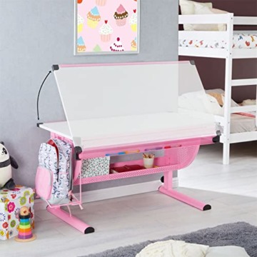 CARO-Möbel Kinderschreibtisch Sari höhenverstellbar in weiß/rosa, Schreibtisch für Kinder neigbar mit Rille für Stifte, Schülerschreibtisch mit Ablage und Rucksackhalterung - 4