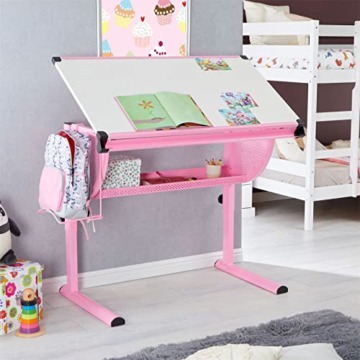 CARO-Möbel Kinderschreibtisch Sari höhenverstellbar in weiß/rosa, Schreibtisch für Kinder neigbar mit Rille für Stifte, Schülerschreibtisch mit Ablage und Rucksackhalterung - 5