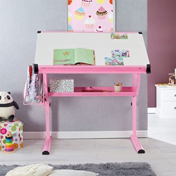 CARO-Möbel Kinderschreibtisch Sari höhenverstellbar in weiß/rosa, Schreibtisch für Kinder neigbar mit Rille für Stifte, Schülerschreibtisch mit Ablage und Rucksackhalterung - 6