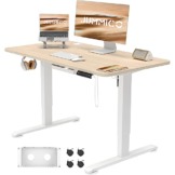 JUMMICO Höhenverstellbarer Schreibtisch 100x60 cm mit USB-Buchse und Kabelwanne, Schreibtisch Höhenverstellbar Ergonomischer Steh-Sitztisch Stehpult mit Rollen (Beige) - 1