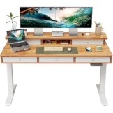 FEZIBO höhenverstellbarer elektrischer Schreibtisch，140 x 60 cm Stehtisch mit 5 Schubladen，Weißer Rahmen/Hell Braun Oberfläche - 1