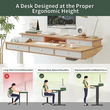 FEZIBO höhenverstellbarer elektrischer Schreibtisch，140 x 60 cm Stehtisch mit 5 Schubladen，Weißer Rahmen/Hell Braun Oberfläche - 9