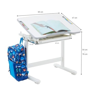 CARO-Möbel Kinderschreibtisch VITA in weiß/weiß höhenverstellbar und neigbar, Schreibtisch für Kinder mit Schublade, Tisch mit Rinne für Stifte und Rucksackhalterung - 3
