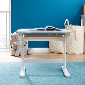 CARO-Möbel Kinderschreibtisch VITA in weiß/weiß höhenverstellbar und neigbar, Schreibtisch für Kinder mit Schublade, Tisch mit Rinne für Stifte und Rucksackhalterung - 6