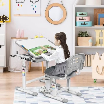 COSTWAY Kinderschreibtisch höhenverstellbar, Schülerschreibtisch Kindermöbel neigungsverstellbar, Kindertisch mit Stuhl, Schreibtisch Kinder, Farbewahl (Grau) - 2
