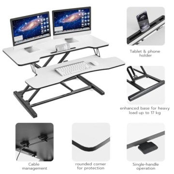 HumanTeck Sitz Steh Schreibtisch, 36 Zoll Höhenverstellbarer Schreibtischaufsatz mit Abnehmbarer Tastaturablage, 92X 40cm Sitz steh Computertisch, 15 kg Kapazität（schwarz+weiß） - 4