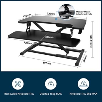 SANODESK Sitz Steh Schreibtisch Stehpult Höhenverstellbarer Schreibtisch 72 * 40cm Schreibtischaufsatz Doppelmonitor-Riser Computertisch - 2