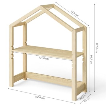 Bellabino höhenverstellbarer Kinderschreibtisch Holme, Schreibtisch 4-Fach höhenverstellbar, Tisch in Hausoptik in Natur, Maße H 127 cm, B 112 cm, T 40 cm - 2