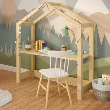 Bellabino höhenverstellbarer Kinderschreibtisch Holme, Schreibtisch 4-Fach höhenverstellbar, Tisch in Hausoptik in Natur, Maße H 127 cm, B 112 cm, T 40 cm - 1