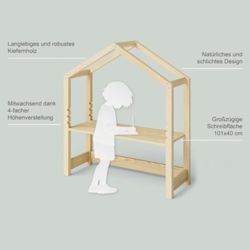 Bellabino höhenverstellbarer Kinderschreibtisch Holme, Schreibtisch 4-Fach höhenverstellbar, Tisch in Hausoptik in Natur, Maße H 127 cm, B 112 cm, T 40 cm - 5