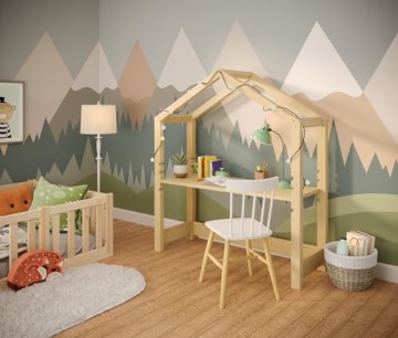 Bellabino höhenverstellbarer Kinderschreibtisch Holme, Schreibtisch 4-Fach höhenverstellbar, Tisch in Hausoptik in Natur, Maße H 127 cm, B 112 cm, T 40 cm - 7