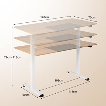 COSTWAY Höhenverstellbarer Schreibtisch, elektrischer Computertisch 140 x 70 cm, mit Stopp-Mechanismus, inkl. Kabelhaterung & Haken, ideal für Homeoffice und Büro (Eiche) - 3