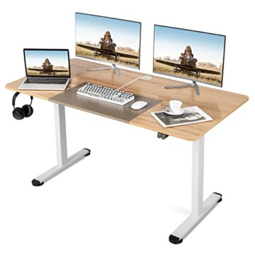 COSTWAY Höhenverstellbarer Schreibtisch, elektrischer Computertisch 140 x 70 cm, mit Stopp-Mechanismus, inkl. Kabelhaterung & Haken, ideal für Homeoffice und Büro (Eiche) - 1