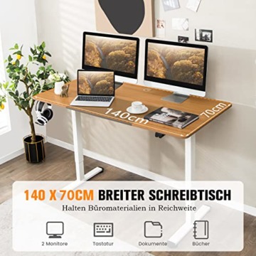 COSTWAY Höhenverstellbarer Schreibtisch, elektrischer Computertisch 140 x 70 cm, mit Stopp-Mechanismus, inkl. Kabelhaterung & Haken, ideal für Homeoffice und Büro (Eiche) - 5