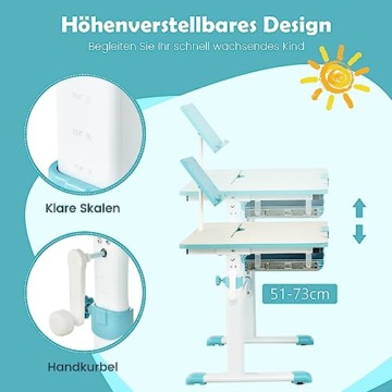 DREAMADE Kinderschreibtisch höhenverstellbar, Schülerschreibtisch neigungsverstellbar, Schreibtisch Kinder, Jugendschreibtisch mit Bücherständer und Schublade (Blau) - 4