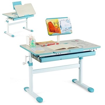 DREAMADE Kinderschreibtisch höhenverstellbar, Schülerschreibtisch neigungsverstellbar, Schreibtisch Kinder, Jugendschreibtisch mit Bücherständer und Schublade (Blau) - 1
