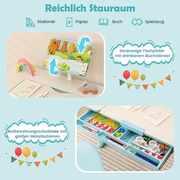 DREAMADE Kinderschreibtisch höhenverstellbar, Schülerschreibtisch neigungsverstellbar, Schreibtisch Kinder, Jugendschreibtisch mit Bücherständer und Schublade (Blau) - 6