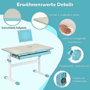 DREAMADE Kinderschreibtisch höhenverstellbar, Schülerschreibtisch neigungsverstellbar, Schreibtisch Kinder, Jugendschreibtisch mit Bücherständer und Schublade (Blau) - 7