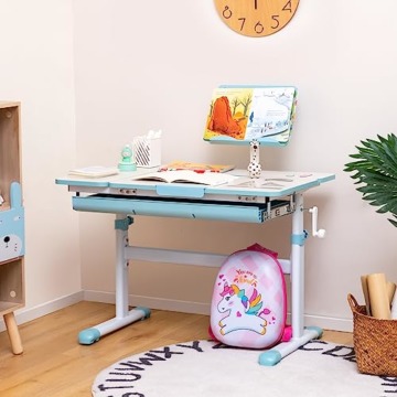 DREAMADE Kinderschreibtisch höhenverstellbar, Schülerschreibtisch neigungsverstellbar, Schreibtisch Kinder, Jugendschreibtisch mit Bücherständer und Schublade (Blau) - 8