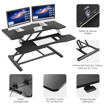 HumanTeck Sitz Steh Schreibtisch, 36 Zoll Höhenverstellbarer Schreibtischaufsatz mit Abnehmbarer Tastaturablage, 92X 40cm Sitz Steh Computertisch, 15 kg Tragkraft(schwarz). - 8