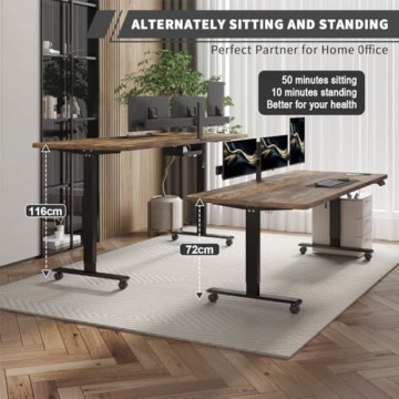 JUMMICO Höhenverstellbarer Schreibtisch 160 x 80 cm mit Kabelwanne, Schreibtisch Höhenverstellbar Elektrisch Stehpult mit USB-Buchse, Ergonomischer Steh-Sitz Tisch mit 360°Rollen,Vintage-Braun - 6