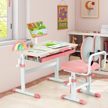 DREAMADE Kinderschreibtisch höhenverstellbar, Schülerschreibtisch neigungsverstellbar, Schreibtisch Kinder, Jugendschreibtisch mit Bücherständer und Schublade (Rosa) - 2
