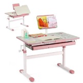 DREAMADE Kinderschreibtisch höhenverstellbar, Schülerschreibtisch neigungsverstellbar, Schreibtisch Kinder, Jugendschreibtisch mit Bücherständer und Schublade (Rosa) - 1