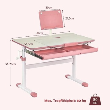 DREAMADE Kinderschreibtisch höhenverstellbar, Schülerschreibtisch neigungsverstellbar, Schreibtisch Kinder, Jugendschreibtisch mit Bücherständer und Schublade (Rosa) - 3