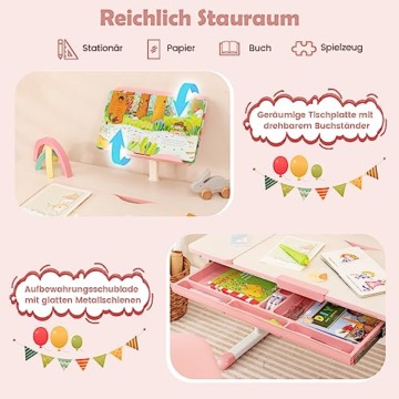 DREAMADE Kinderschreibtisch höhenverstellbar, Schülerschreibtisch neigungsverstellbar, Schreibtisch Kinder, Jugendschreibtisch mit Bücherständer und Schublade (Rosa) - 6