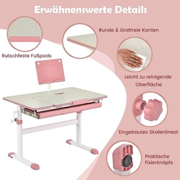 DREAMADE Kinderschreibtisch höhenverstellbar, Schülerschreibtisch neigungsverstellbar, Schreibtisch Kinder, Jugendschreibtisch mit Bücherständer und Schublade (Rosa) - 7